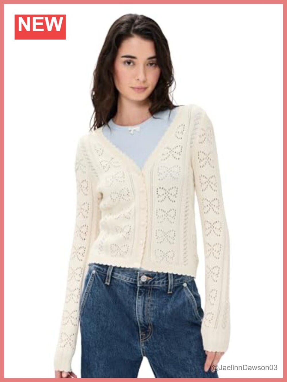 Pointelle Knit Cardigan V-Neck Long Sleeve Scalloped Button